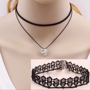 2 Black Choker Necklace Bundle Set Lot  Crystal Floral Lace Necklaces